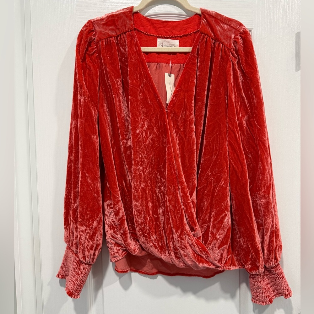 NWT Anthropologie Wrap Velvet Coral Surplice Blouse